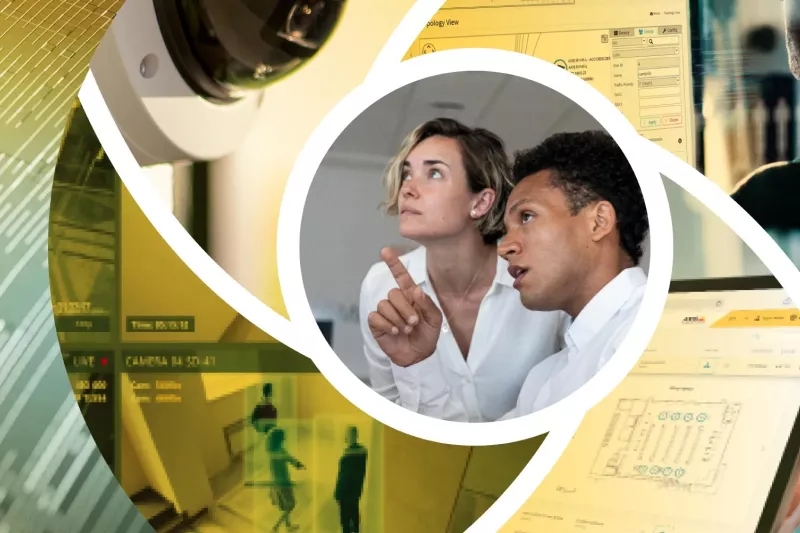 Montage in a eye shape of different camera solution and software with two people as the centerpiece.