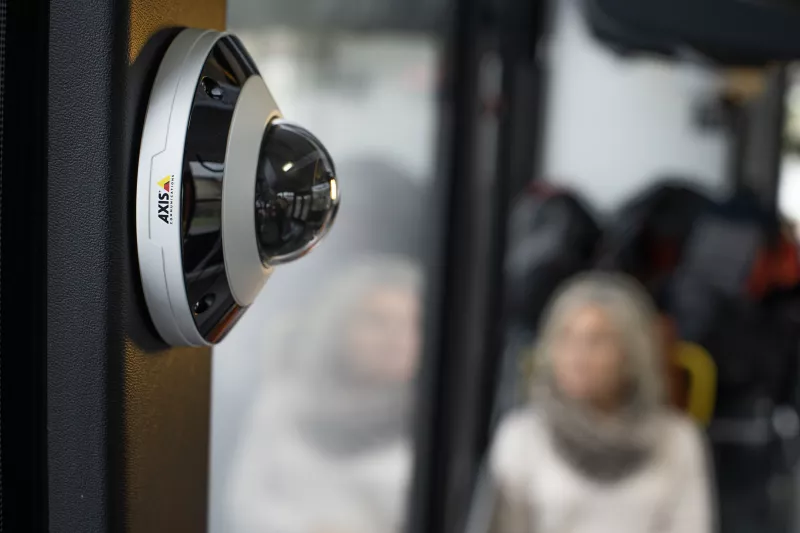 AXIS F4105-LRE Dome Sensor a part of AXIS F Modular Camera Series mounted in a bus.