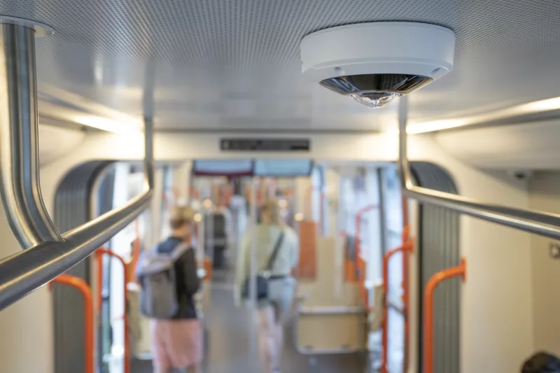 AXIS M3057-PLR Mk II Dome Camera with 360° panoramic view in a tram