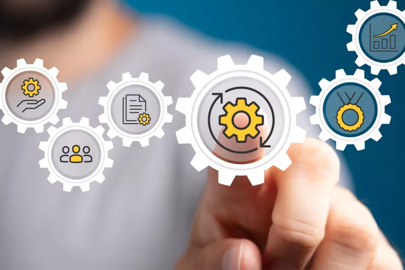 Icons showing different service solutions on a blue background.