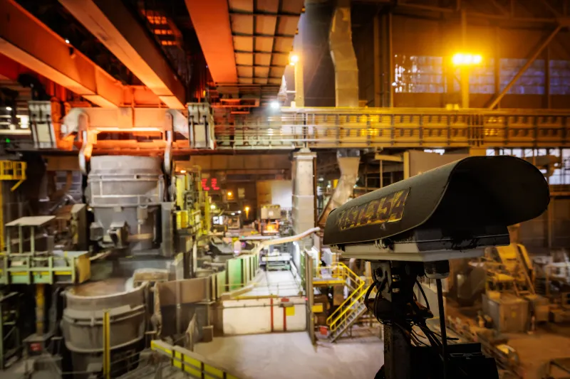 Camera overseeing the production line of steel production.