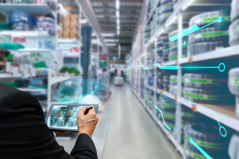 Warehouse, shelves with an analytic overlay