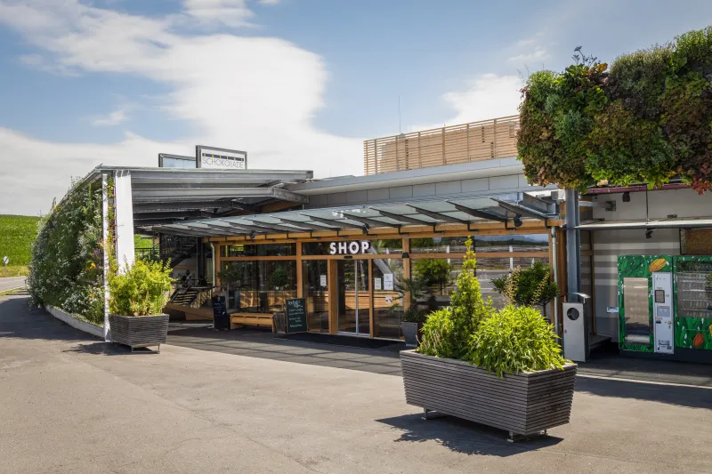 Zotter Schokolade's store entrance on a sunny day
