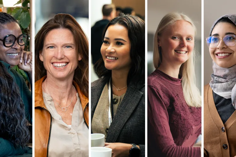 Profile pictures of Jeanette Skjelmose, Nadhirah Abedol Taleb, Esther Babasasa, Anny Eriksson-Bernholtz and Sara Hnine