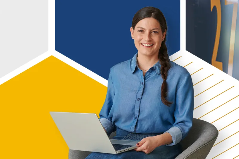 Woman operating video surveillance surrounded of blue and yellow graphic.