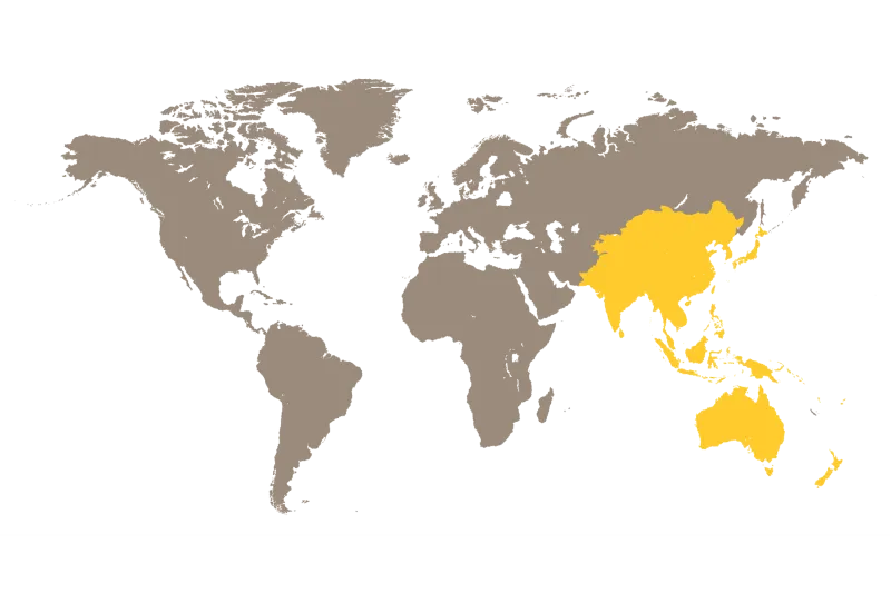 Gray filled map with yellow highlighting the area of Asia Pacific.