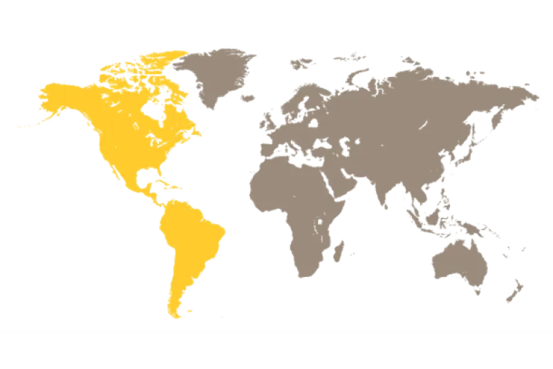Gray filled map with yellow highlighting the area of North and South America.