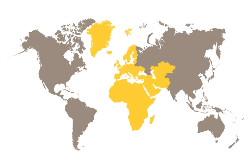 Gray filled map with yellow highlighting the area of Europe, Middle East and Africa.