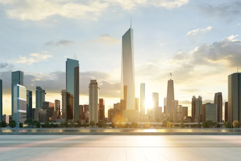 city skyline with sunrise