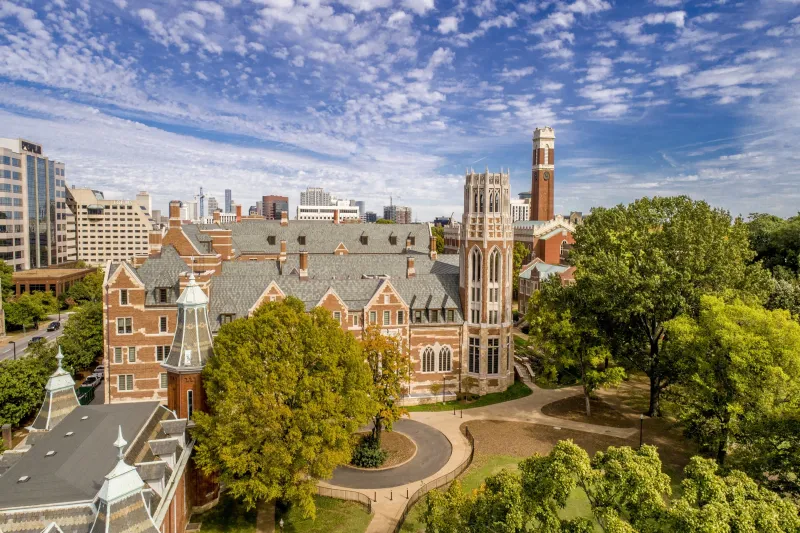 Aerial shot of Vanderbilt University's campus during a warm and sunny day.