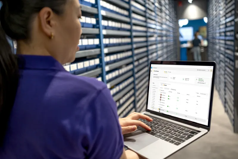 Woman with laptop in retail store stock room