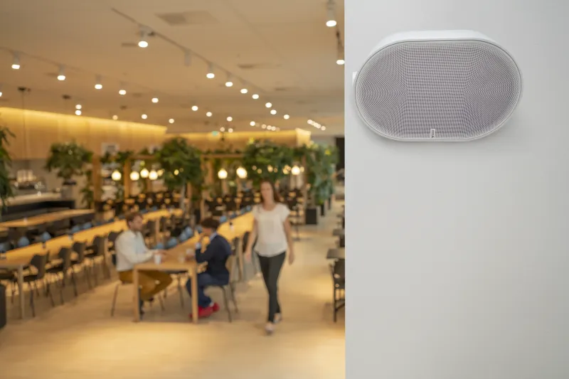 AXIS C1110-E Network Cabinet Speaker mounted on a wall in a office restaurant with long tables and greenery above.