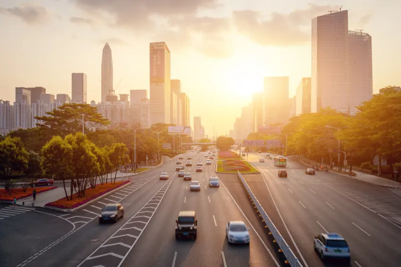 Panoramic view of a road with traffic and skyscrapers in the background.