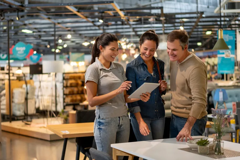 A couple getting help from a saleswoman in a furniture store.