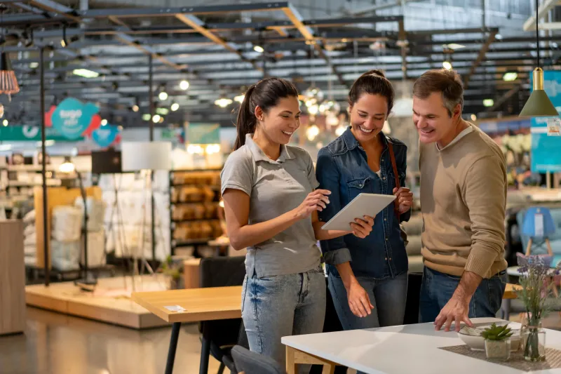 A couple getting help from a saleswoman in a furniture store.