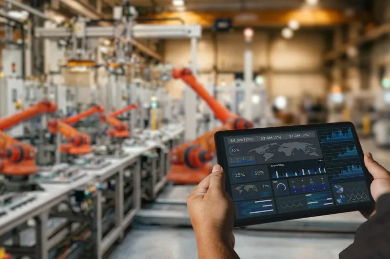 A person holding a tablet in front of a factory with robot arms.