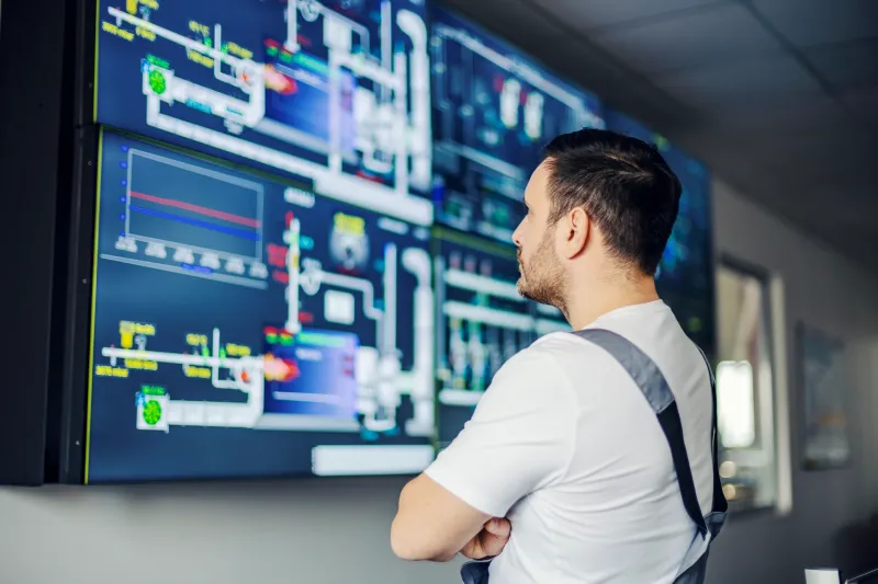 Man looking at a monitor that's showing a industrial automation control room.