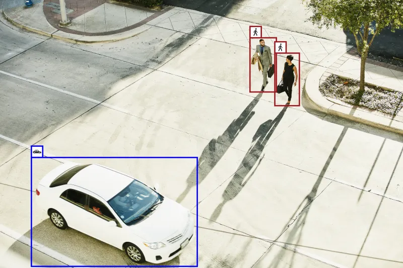 Security camera view of AXIS Object Analytics in action. The software is detecting two humans and one car.