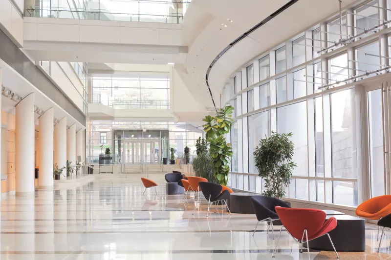 Big open spaced office building foyer with large windows lining the walls.