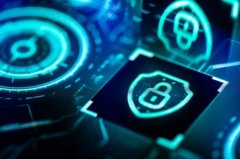 Virtual technology of a neon blue padlocks with black background.