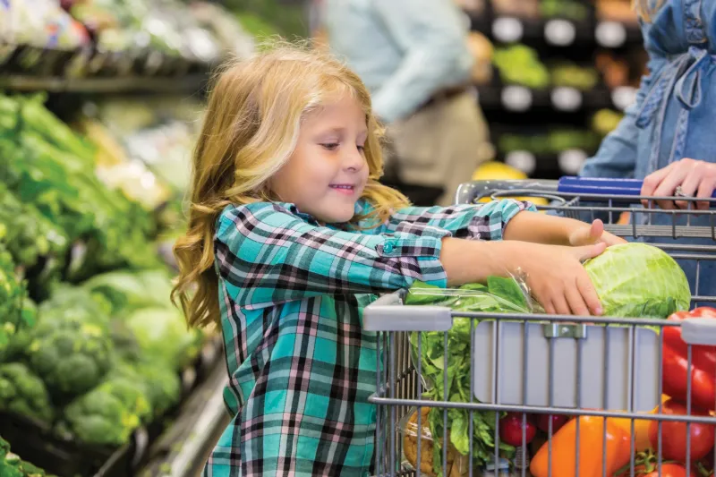 A child putting lettuce in their shopping cart amongst other vegetables.