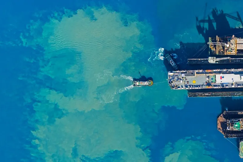 Ships, shipyard on the ocean seen from above
