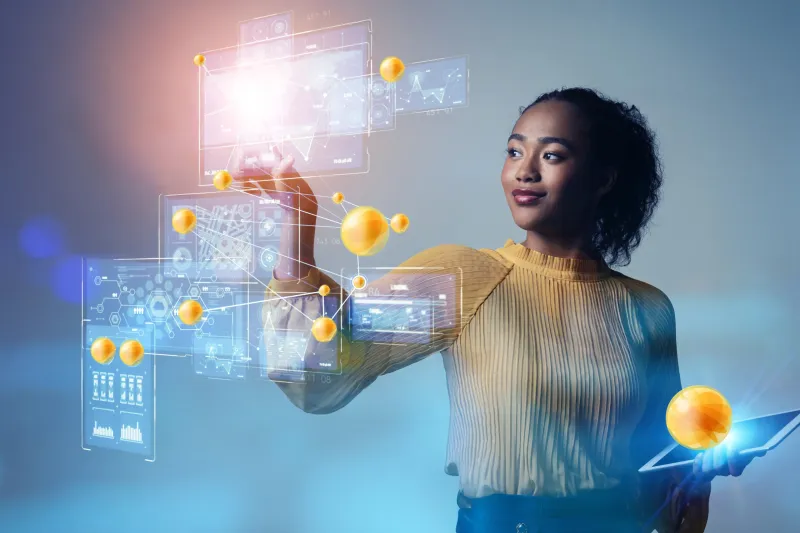 Woman pointing on virtual connectors