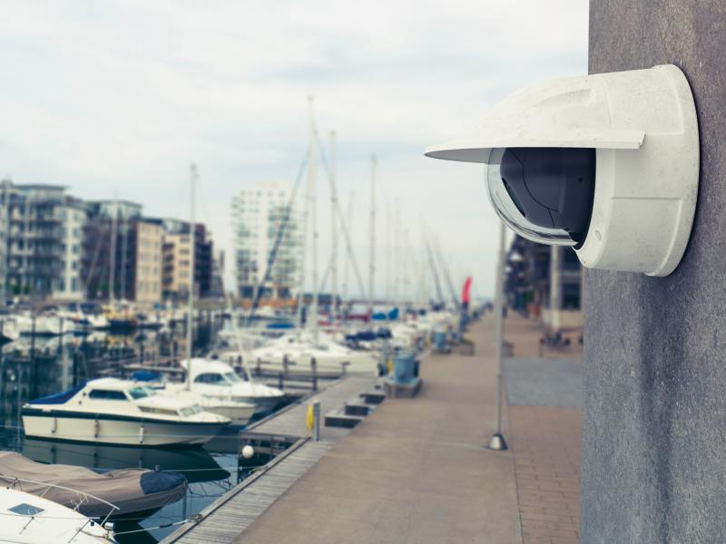 Axis IP Camera has remote PTRZ capability for efficient installation and readjustment. The camera is viewed outside at a marina