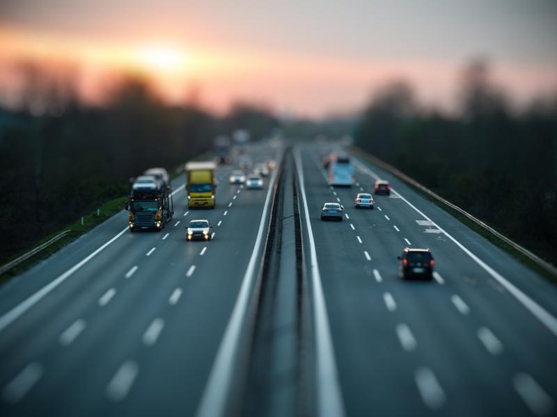 Different vehicles driving on the highway in the dusk