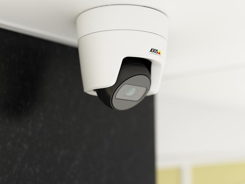 Axis IP Camera hanging from ceiling. Viewed from the right angle