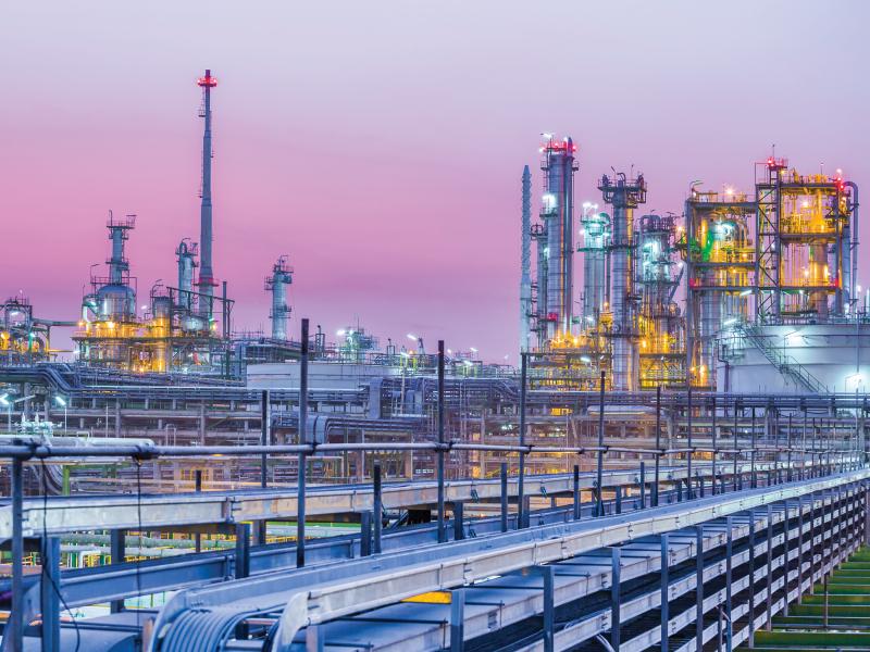 petrochemical plant, twilight in purple