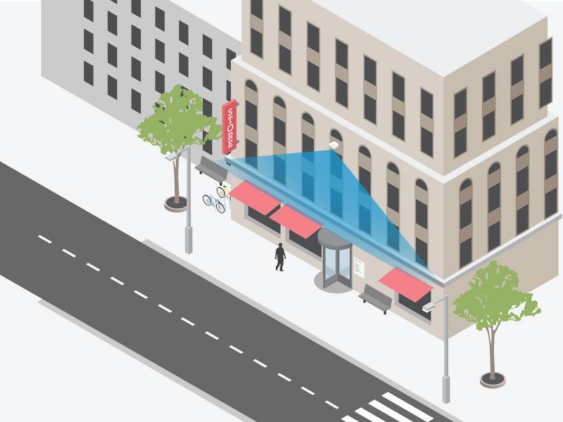 Shopping center graphic with radar tilted over entrance