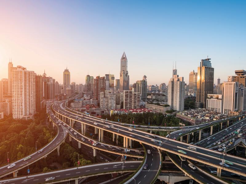 City skyline and traffic on highways