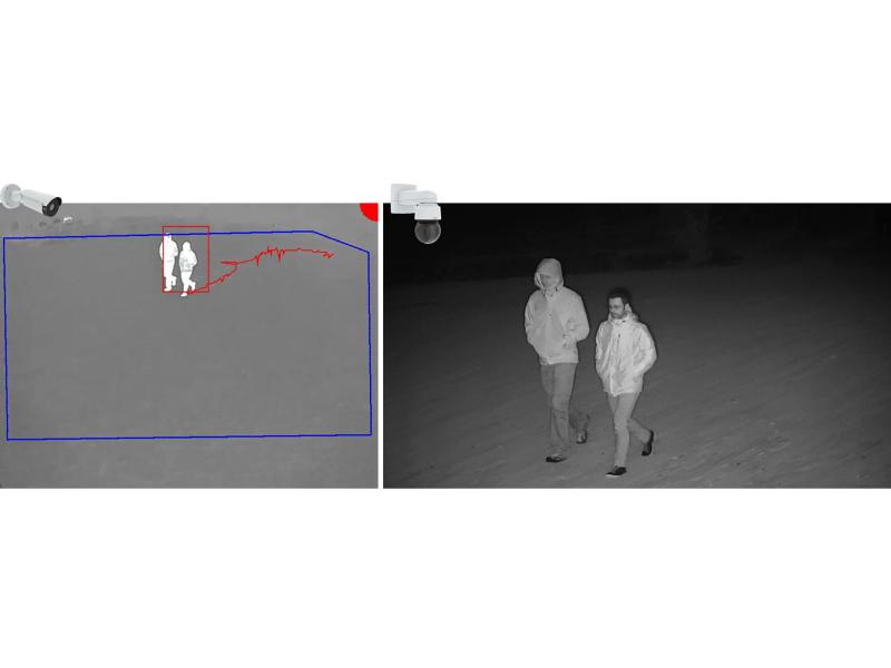Red- and blue marked area on a grey background to the left, two men walking in the dark to the right, showing a user case of AXIS Perimeter Defender PTZ Autotracking. 