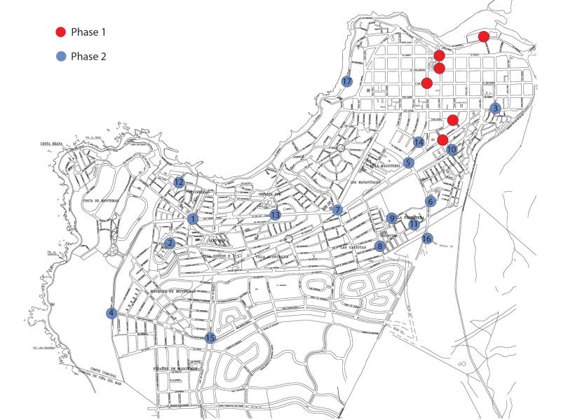 Map of Concón, blue and red dots marked across map.