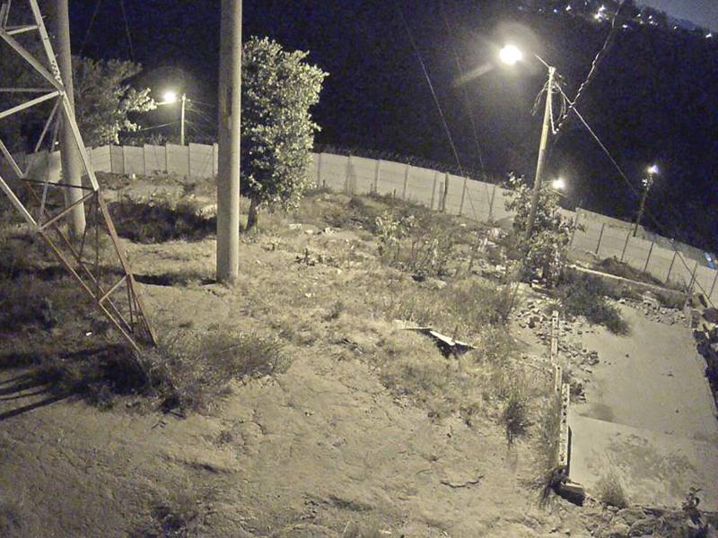 Screenshot at night of yard with trees, poles and gravel.