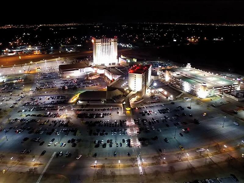 Hard rock hotel & casino by night, aerial view.