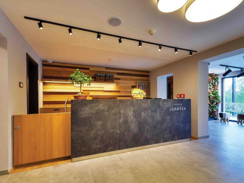 Empty hotel reception with grey stone desk and wooden surroundings.