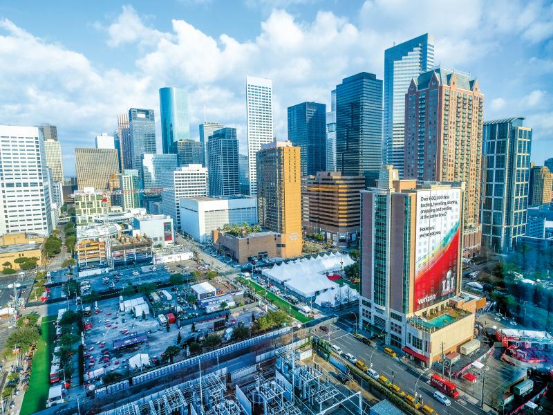 Aerial view of city with skyscrapers.