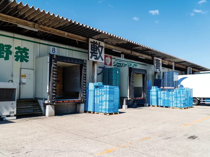Exterior of japanese warehouse, low building, blue boxes in front.