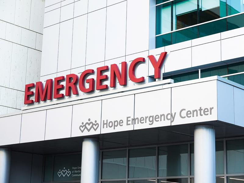 Hope emergency center sign, building from outside.