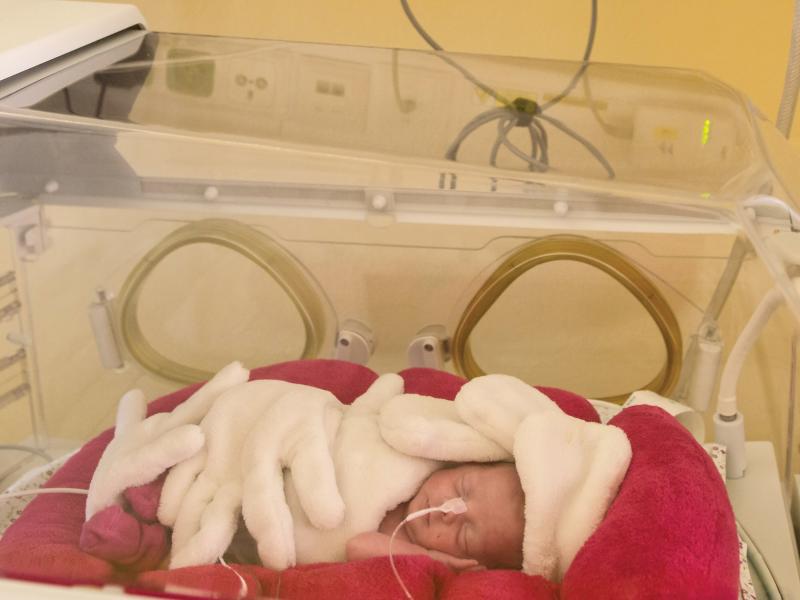 Small baby in incubator with white and pink blankets.