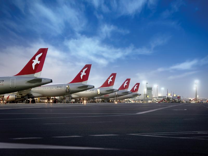 Airport gates with several airplanes with red tail with white bird.