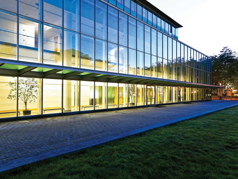 Campus facade at dusk