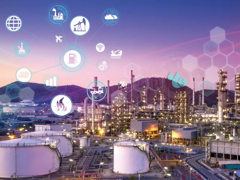 Gas oil refinery system with purple icons and a hexagon pattern above the picture
