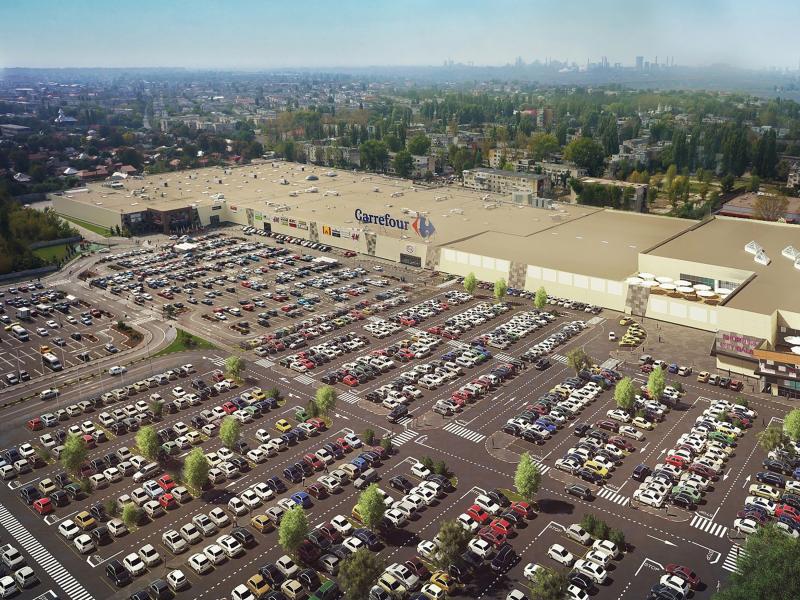 Aerial view of parking lot outside shopping mall