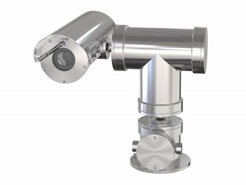XP40-Q1765 Explosion-Protected PTZ IP Camera in stainless steel, viewed from its left angle