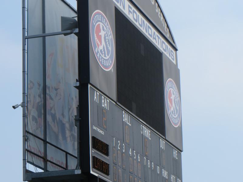 Scoreboard at baseball stadium showing Axis camera