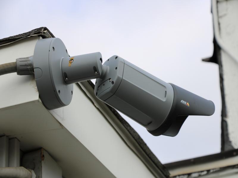 Bullet camera on roof eave