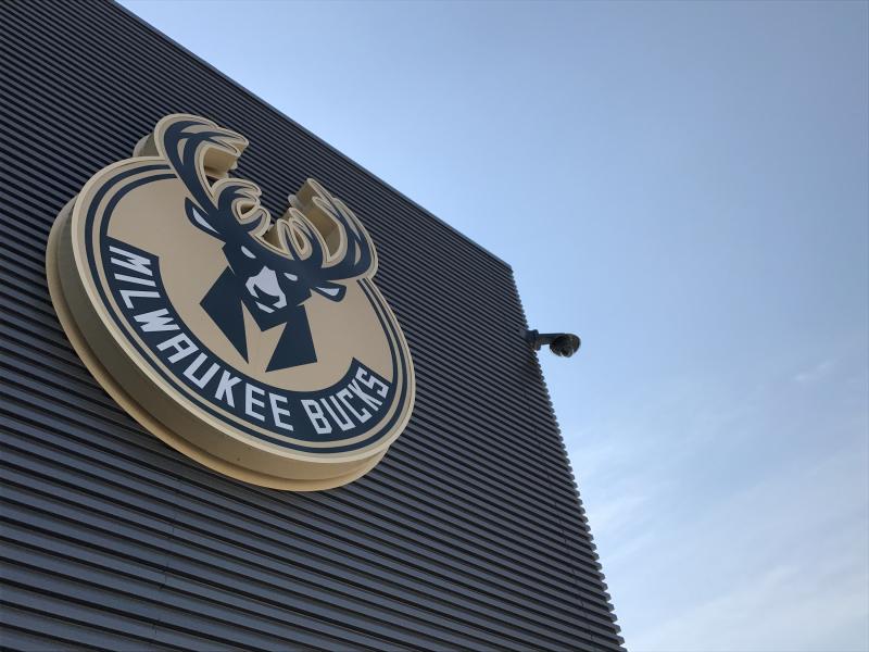 Photo of the Milwaukee Bucks sign on side of Fiserv Forum
